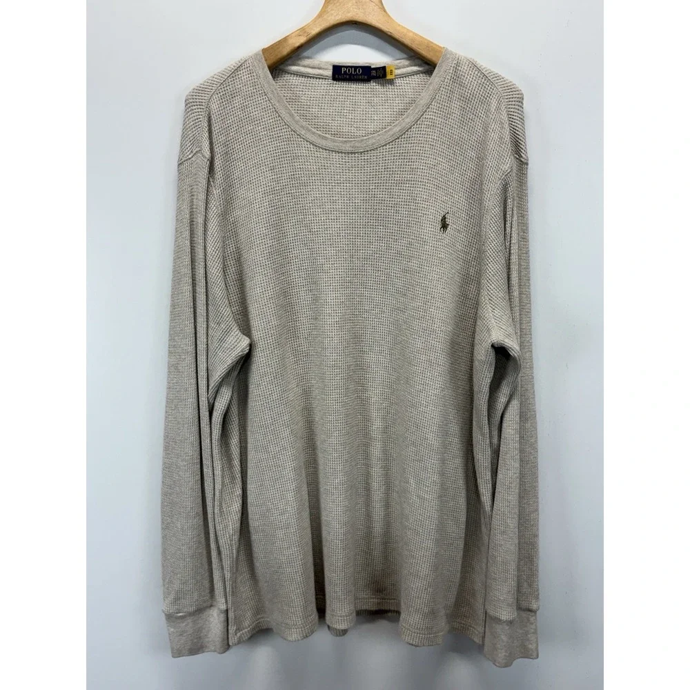 Polo Ralph Lauren Thermal Shirt Sz XXL 2XL Mens Tan Pony Logo Waffle Knit Preppy